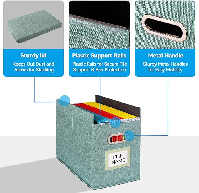 4 Pack Hanging File Folders Organizer with Lid, Letter Size Fabric File Storage Box Collapsible, Portable Office Document Holder with Metal Handle, Smooth PVC Rails, Green