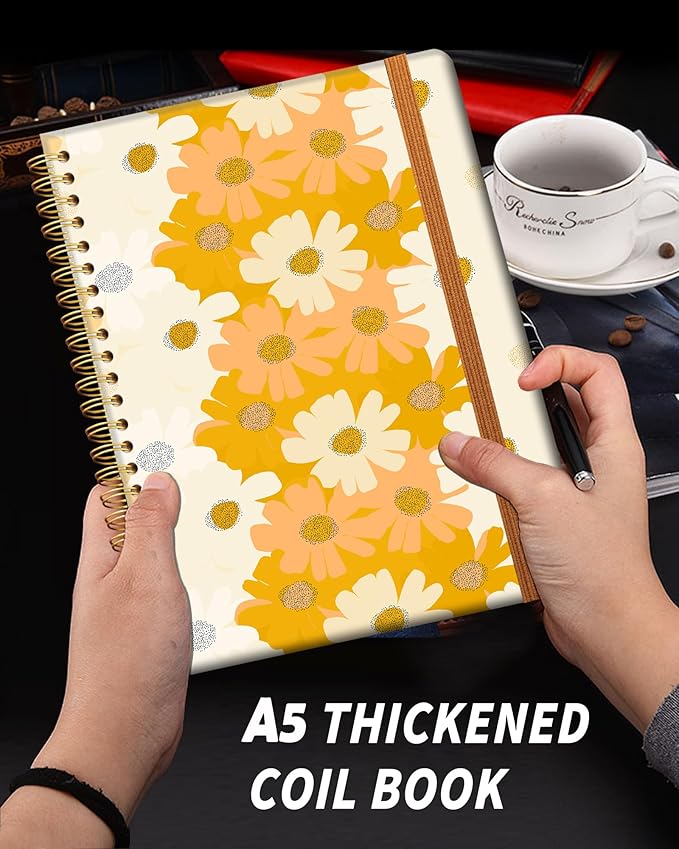 Ruled Spiral Writing Notebook,A5 Hardcover Lined College Journal for Women,Strong Twin-Wire Binding with Premium Paper,8.4" X 6",Perfect for School,Office,Home(Yellow Flower)