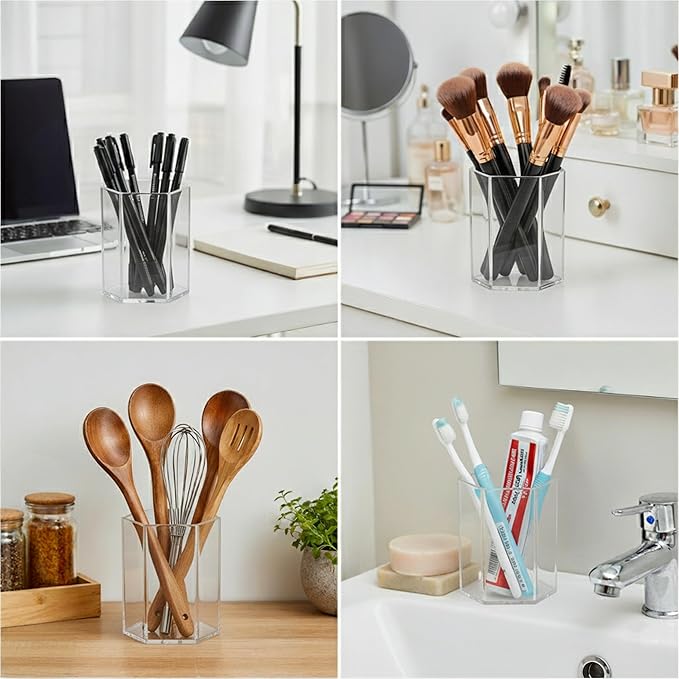 Acrylic Pen Holder for Desk | Hexagonal Cute Pen Holder | Multipurpose Clear Acrylic Makeup Organizers, Clear Toothbrush Holder Cups & Pencil Cups for Classroom, Office Desk Accessories