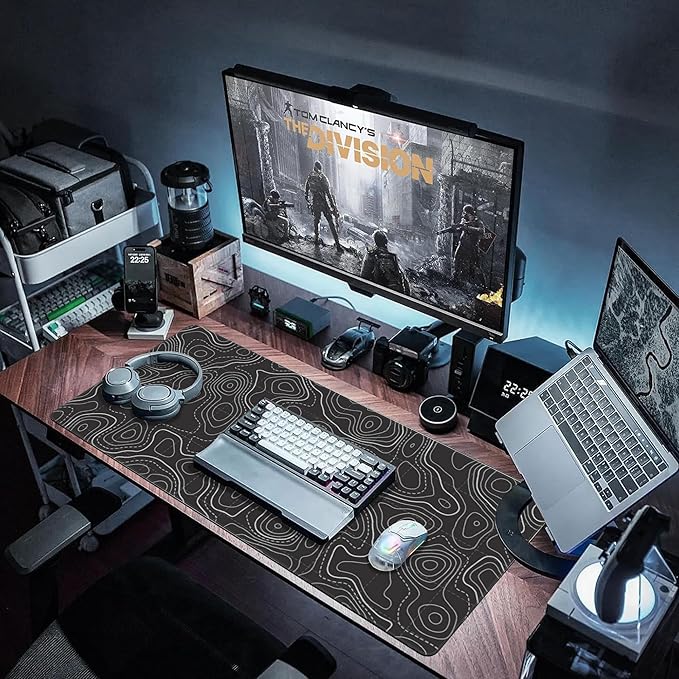 Large Gaming Mouse Pad for Desk, Black Ocean Bottom Topographic Line Map Desk Mat for Desktop, Non-Slip Rubber Base Stitched Edge Long Computer Keyboard Mouse Mat Desk Pad for Home Office 35.4"X15.7"