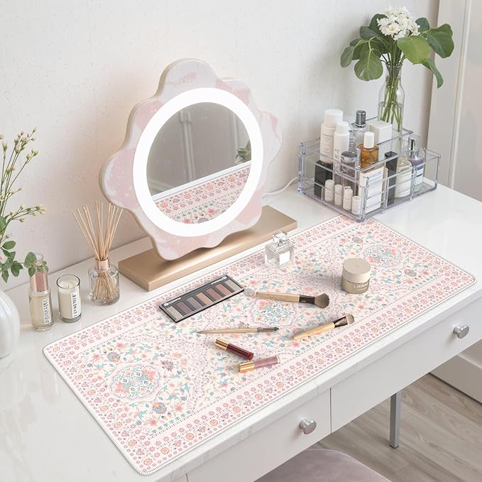 HAOCOO Pink Desk Mat, Non-Slip Office Table Mat, Aesthetic Mouse Pad with Stitched Edge, 35.4" x 15.7" Long Mouse Pad, Waterproof Dorm Desk Mat for Writing, Drawing