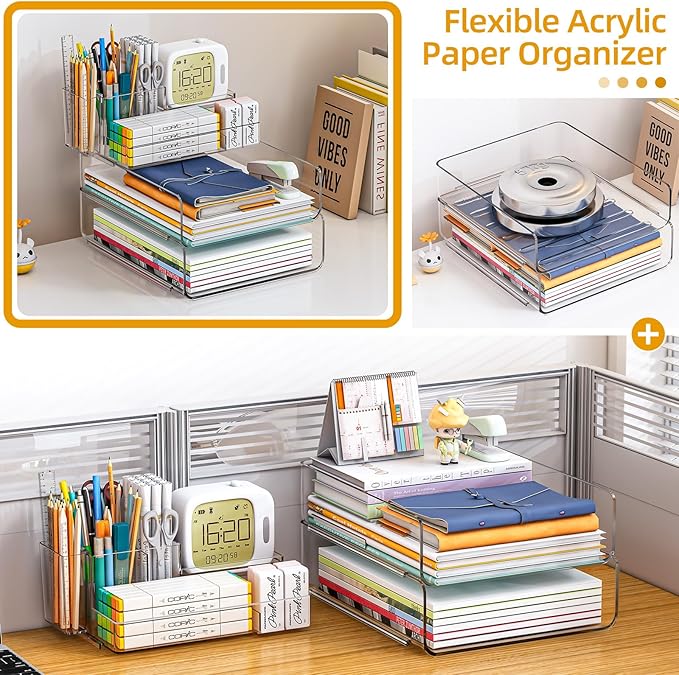 Paper Organizer Letter Tray - Acrylic Stackable Desk File Organizer with 5-Gird Tray and Pencil Holder, Clear File Organizer for Desk, Office Organizer for File Paper, Ipad, Letter, Small Item Etc