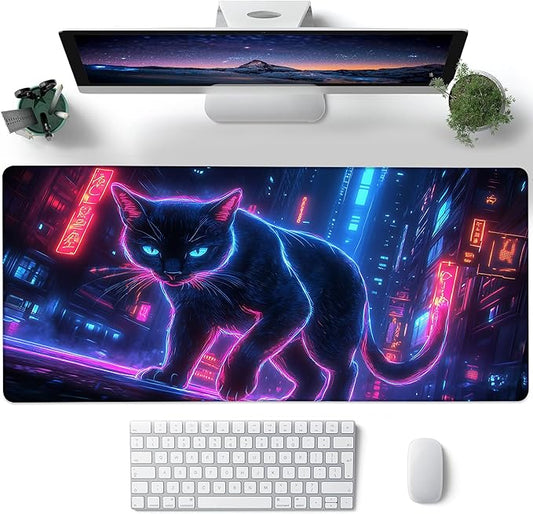 Desk Pad, Neon Cat Prowling Cyberpunk Cityscape XXL Gaming Mouse Pad with Stitched Edges,Non-Slip Waterproof Rubber Base Large Desk Mat for Keyboard and Mouse 35.4"x15.7"