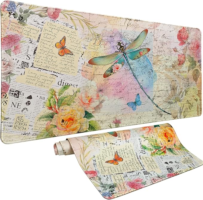 Vimorco Gaming Mouse Pad 31.5x15.7 Inch Large Desk Mat, Non-Slip Rubber Base & Smooth Precision Surface, Waterproof Extended Mouse Pad for PC, Laptop, Office and Table, Vintage Dragonfly