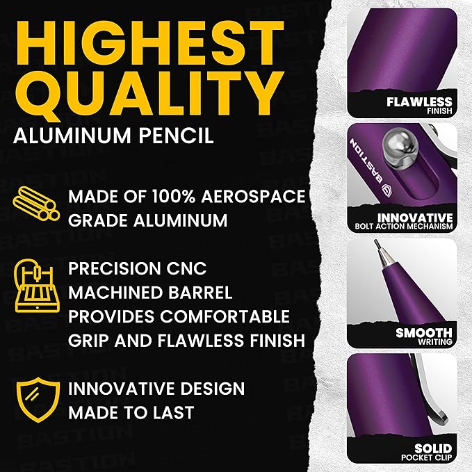 Bastion Mechanical Pencil with Medium Point Refillable Leads - Premium Aluminum Bolt Action Gift Case Metal For Architecture, Drawing, Sketching 20x0.7mm Lead Refills, Purple