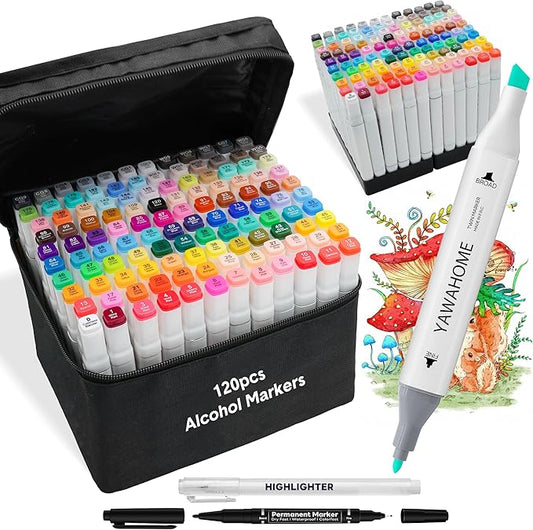 Alcohol Markers Set 120 Colors - Coloring Markers for Adult Coloring Books Professional Permanent Blending Marker Pens Artist Sets for Drawing Painting Sketching Illustration Kids Gifts