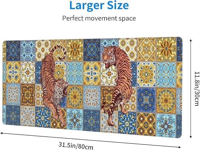 Mexican Tile Tiger Large Mouse Pad, Vintage Aesthetic Gaming Desk Mat, XL Keyboard Desk Pad Mat for Desktop, 31.5"x11.8" Non-Slip Base Big Mousepad with Stitched Edges