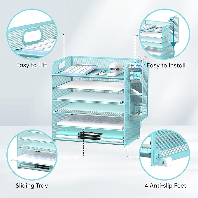 SUPEASY 6 Tier Paper Organizer with 4 Pen Holders, Mesh Letter Tray with Handle, A4 File Organizer, Blue