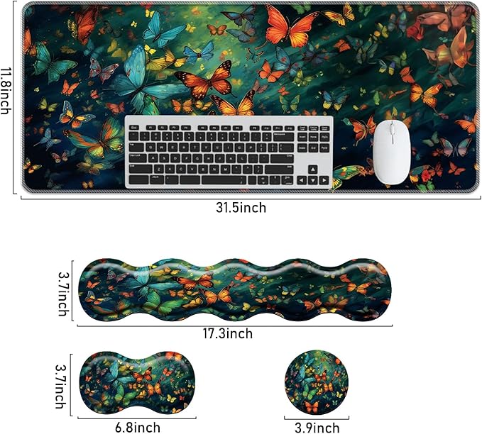 Keyboard Mouse Pad Set,Large Mouse Pad+Keyboard Wrist Rest+Wrist Support+Coaster,31.5x11.8in Extended Desk Mat for Computer Laptop Office Home - Cute Butterfly