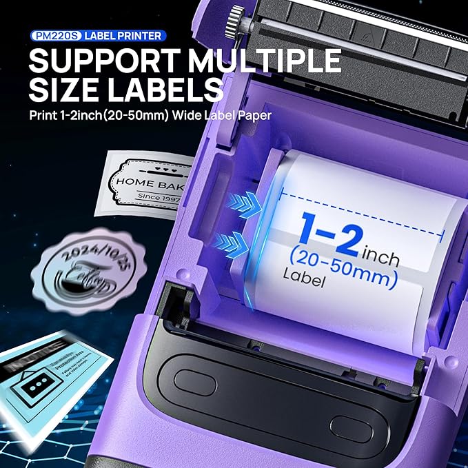 POLONO PM220S Label Maker Machine with Tape, 2 Inch Bluethooth Portable Thermal Label Printer for Small Business, Office, Home, Address, Logo Label, Sticker Printer for Phone/Tablet/PC, Purple