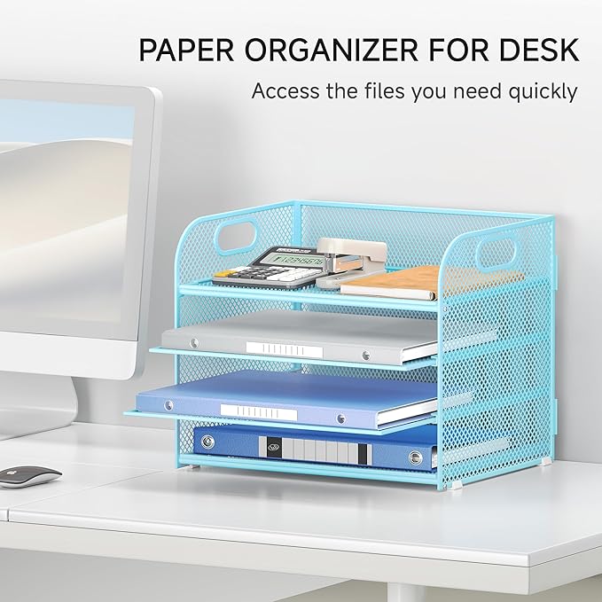 Lavatino 4-Tier Paper Organizer Trays - Blue Mesh File Folder Sorter with Handles, Desk Letter Holder Organizer for Office, Home, School Supplies Storage & Organization