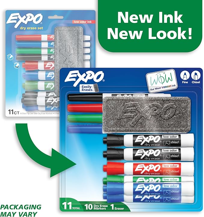 EXPO Dry Erase Markers Set Mixed Tip White Board Markers with White Board Eraser Assorted Colors 11 Count