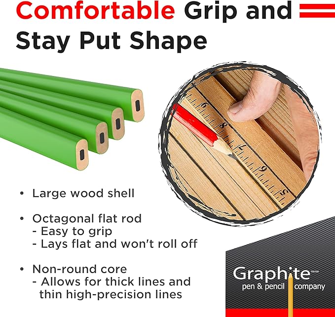 GRAPHITE Hard Lead Carpenter Pencil #2 Lumber Pencil (1) Pack of 12 PCS - Industrial Pencil Wood Flooring Marker for Wood Working Tools Marking & Concrete Marking - Neon Green
