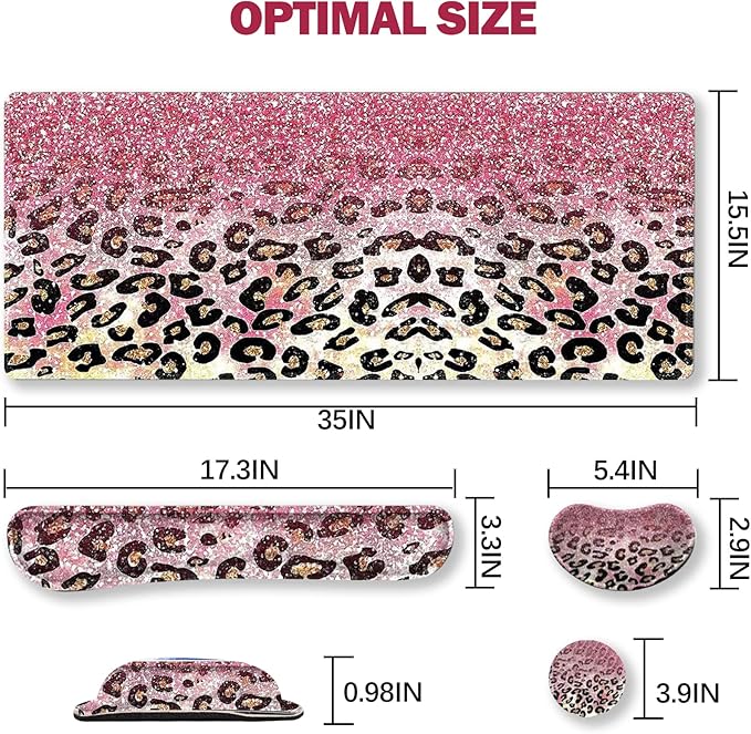 ARTSO Extended Gaming Mouse Pad Set, Keyboard Wrist Rest Support Pad + Wrist Cushion + XXL Large Mouse Pad + Coaster, Stitched Edge, Non-Slip, Memory Foam Desk Mat, Pink Leopard Print