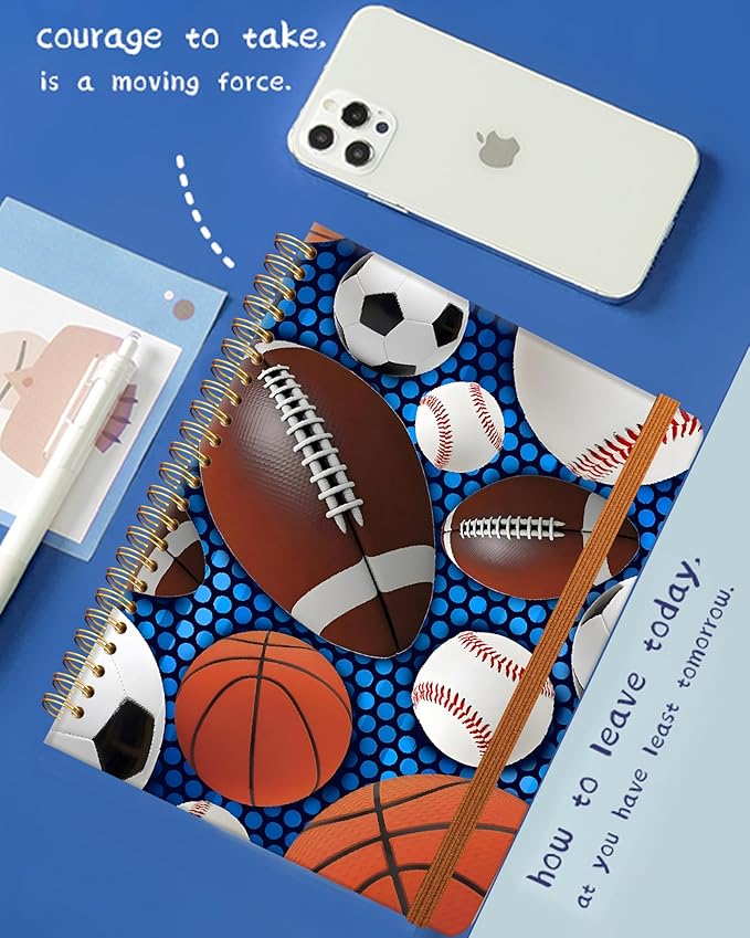 Ruled Spiral Writing Notebook,A5 Hardcover Lined College Journal for Women,Strong Twin-Wire Binding with Premium Paper,8.4" X 6",Perfect for School,Office,Home(Sport Baseball Football)