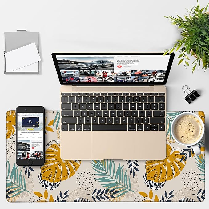 Large Mouse Pad Palm Leaves Gaming Desk Pad Computer Keyboard Non-Slip Waterproof Mouse Mat with Rubber Base and Stitched Edges Entertainment Office Writing Desk Mat 35.4 x 15.7 Inches