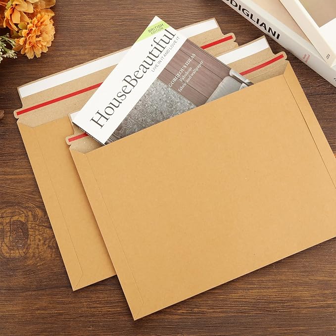 50 Pack 12.5 x 9.5 Inch Self Seal Cardboard Mailing Envelopes, 450 GSM Stay Flat Mailers for CD, Photos, Document, Pictures, Papers, Files, Brown