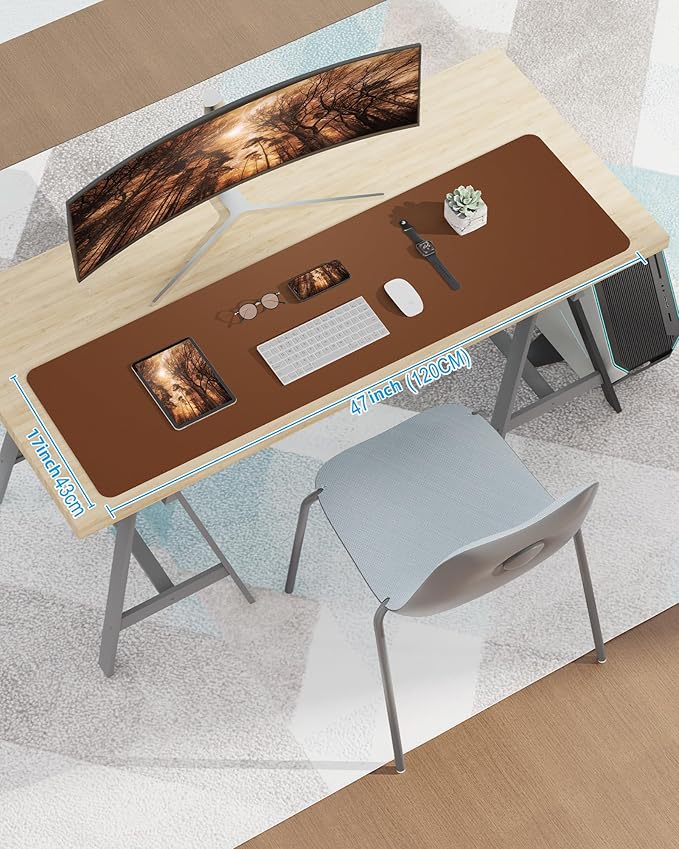 Large Desk pad mat,Mouse Pad,Office Desk Mat, Non-Slip PU Leather Desk Blotter,Large Desk mat,Waterproof Keyboard mat for Office/Home/Decor (Brown,48" x 17")
