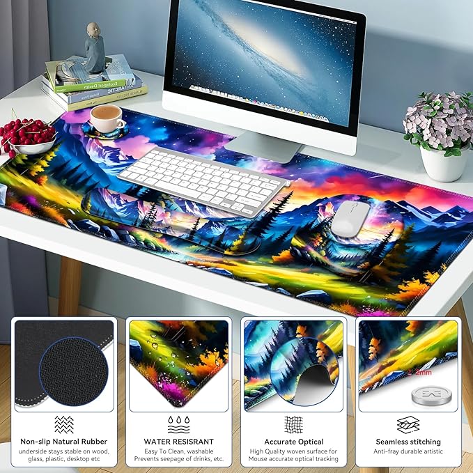 4 in 1 Large Mouse Pad, Keyboard Wrist Rest Set, Ergonomic Mouse Pad with Wrist Support, Desk Mat with Stitched Edges Extended Desk Pad Waterproof Desk Mat for Home Office Game I Landscaping Mountain
