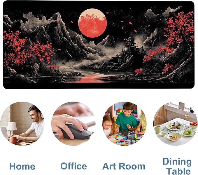 Chinese Style Painting Gaming Mouse Pad 3mm Thick Stitched Edge Waterproof Non-Slip Large Computer Keyboard Mouse Mat,Suitable for Office Entertainment Decorative Desk Pad 35.4 x 15.7 Inches