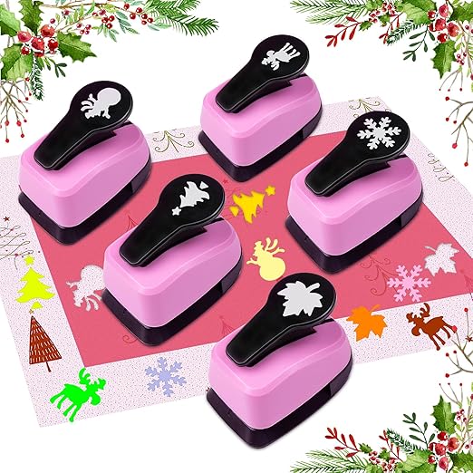 Christmas Hole Punch Set, 1 Inch Paper Craft Punches - 5pc Lever Action Punch for Scrapbooking