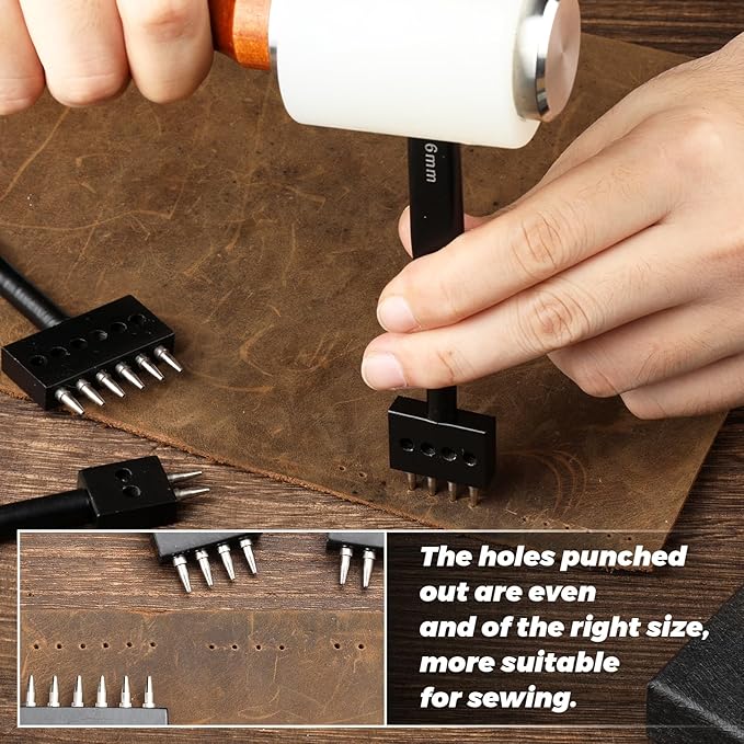 Leather Hole Punch, Prong Punch Tool 6mm 2/4/6 Lacing Stitching Punch, Round Hole Prong Stitching Chisel Set Leatherworking Tools for Leathercraft