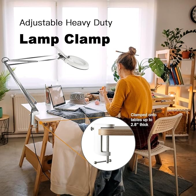 10X Magnifying Glass with Light and Stand,LED Dimmable Lighted Desk Lamp with Clamp,Magnifier Hands Free-Adjustable Stainless Steel Arm,for Crafts Hobbies Reading Painting Sewing Diamond Close Work
