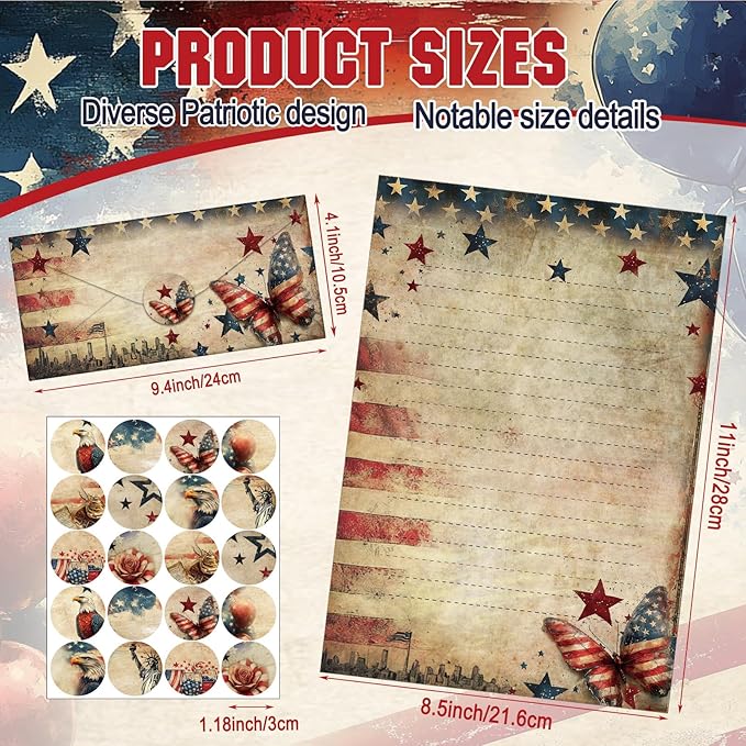 TaoBary 160 Pcs Stationery Paper Set 50 Double Sided Stationery Papers with 50 Matching Envelopes and 60 Round Dot Sticker, 10 Design(Patriotic,8.5 x 11 Inch)