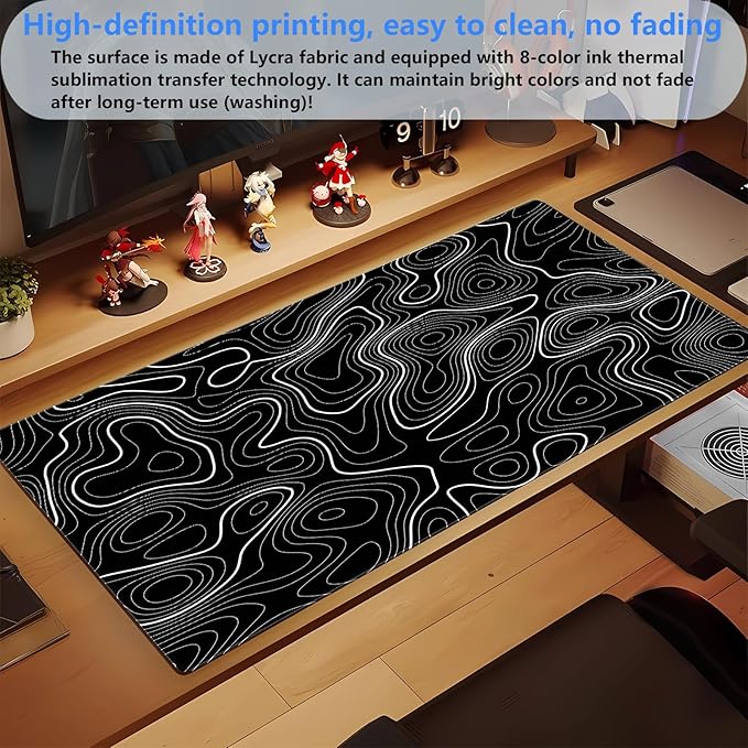 Black Topographic Map Desk Mat - Large Extended XL Gaming Mouse Pad with Stitched Edges, Full Desk Keyboard Mat for Laptop Computer, Abstract Art Desk Decor (31.5"x15.7")