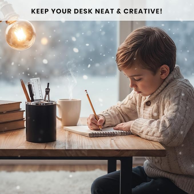 Black Pencil Holder for Desk | 3 Compartments Pencil Cups for Classroom, Home, Office Desks, Meeting Room | Pen Cup Holder for Desks & Decorative Pen Holders for Desk Cute Office Supplies