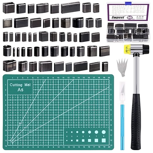 Swpeet 55Pcs Hollow Punch Cutter Tool and Cutting Pad with Craft Knife and Hammer Assortment Kit, Hole Hollow Punch Cutter Set Leather Cutting Tools Punching Handmade Cutting Tool with Case