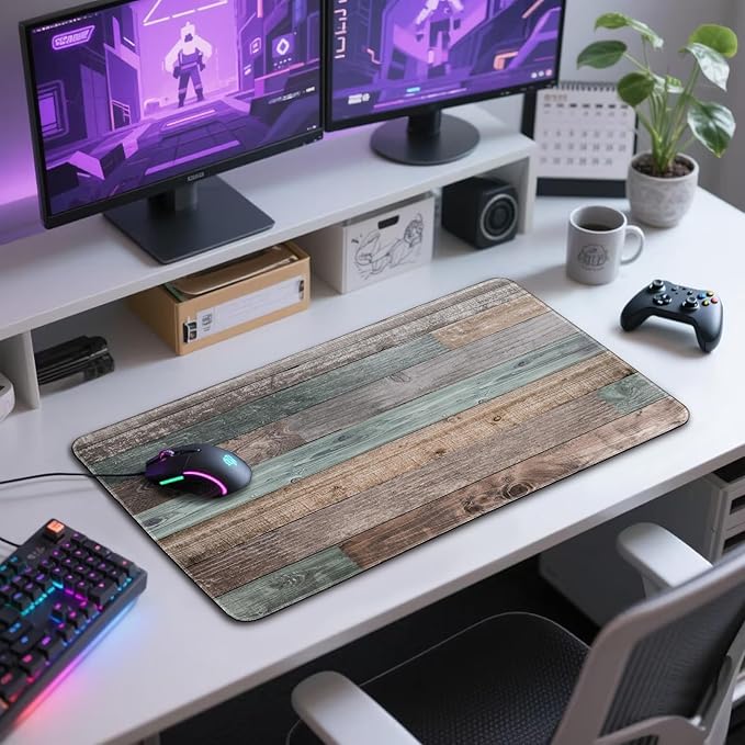 Rustic Wood Pattern Large Gaming Mouse Pad 31.5"x15.7"｜XXL Desk Mat, Non-Slip Rubber Base & Stitched Edges - Extended Waterproof Mousepad for PC/Laptop/Office/Home Decor