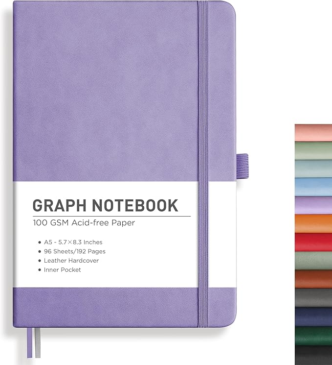 RETTACY Graph Grid Paper Notebook, 192 Pages, A5 Medium Size (5.7'' x 8.3''), 5 Squares per Inch, Leather Hardcover, 100 GSM Thick Paper, for School, Students, Math, Engineering (Purple)