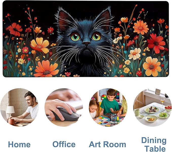 Black Cat and Flowers Gaming Mouse Pad 3mm Thick Stitched Edge Waterproof Non-Slip Large Computer Keyboard Mouse Mat,Suitable for Office Entertainment Decorative Desk Pad 35.4 x 15.7 Inches