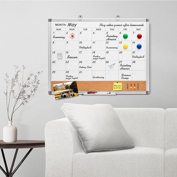 Comix Dry Erase Calendar Whiteboard Corkboard Combo, 24 * 18 inch Monthly Calendar and Bulletin Board Combination for Wall, Aluminum Frame Planner with Dry Erase Markers, Magnets, Push Pins