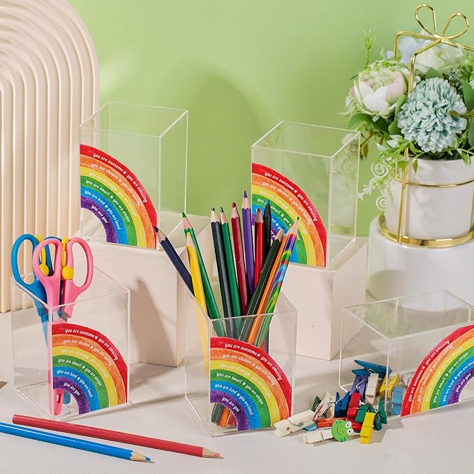 Sherr 10 Pcs Pencil Shaped Pen Holders, Acrylic Pencil Organizer Cups, Cute Creative Stationery Storage, Appreciation Gifts for Teacher Student School Classroom Office Home Desktop Supplies (Rainbow)