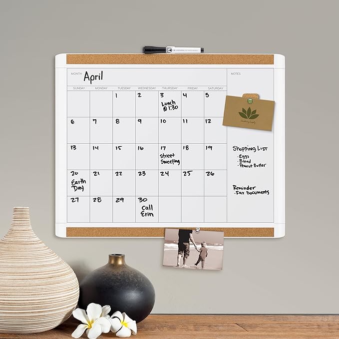 U Brands Magnetic Dry Erase Calendar White Board, 16" x 20", White Pin-It Frame, Includes Marker and Magnet