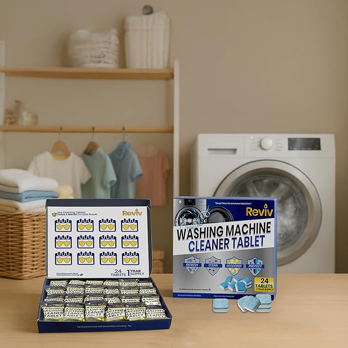 REVIV Washing Machine Cleaner Tablets – 24 Count, 12-Month Supply – Deep Cleaning & Odor-Removing Tablets for Front Load, Top Load & HE Washers – Biodegradable, Septic-Safe, Non-Toxic Descaler