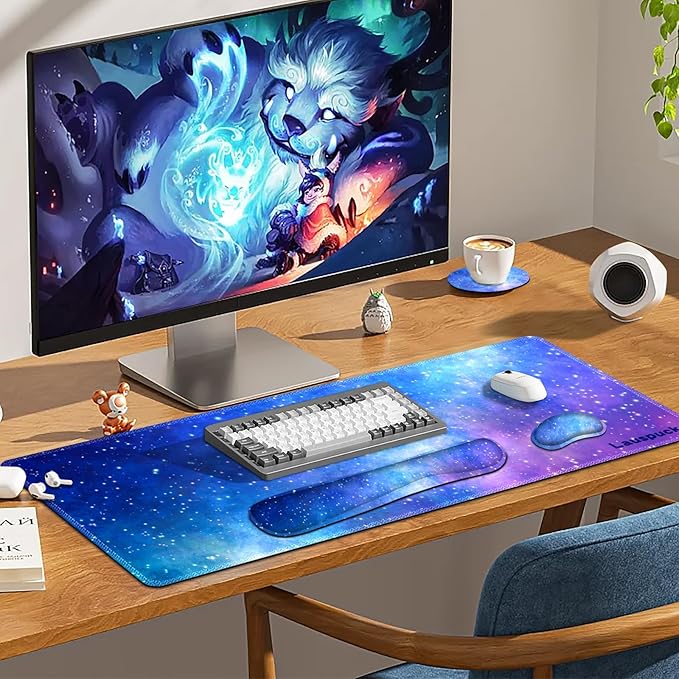 Desk Mat, Gaming Mouse Pad Wrist Rest Support Combo, XXL Large Mousepad + Keyboard Wrist Support +Mouse Wrist Rest+Coaster Set with Ergonomic Design 4in1 for Home Office, Nebula Galaxy