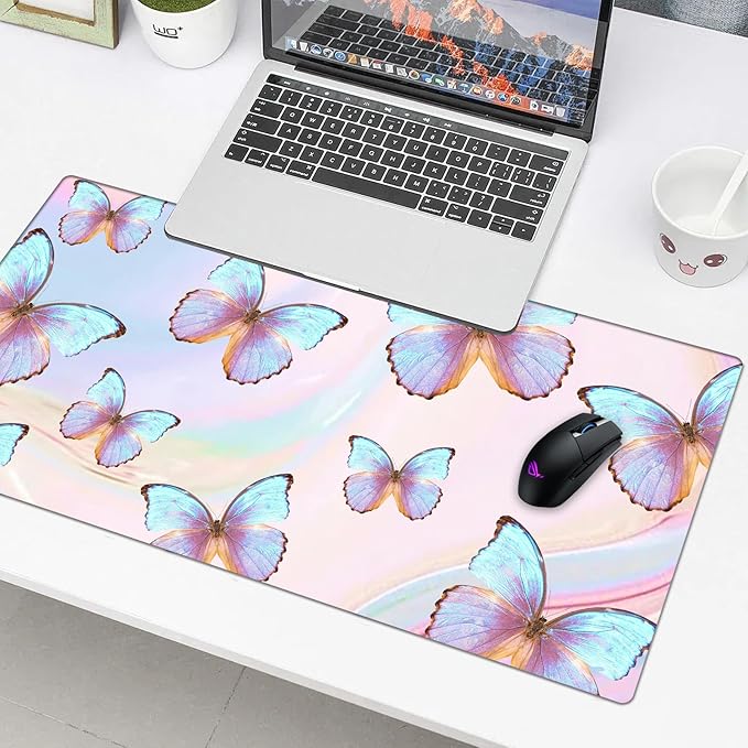 Butterfly Desk Pad Protector, Stitched Edges Mouse Pad, Large Office Mat, Non-Slip Blotter, Laptop Pad, Writing Pad for Office and Home (31.5" x 15.7")