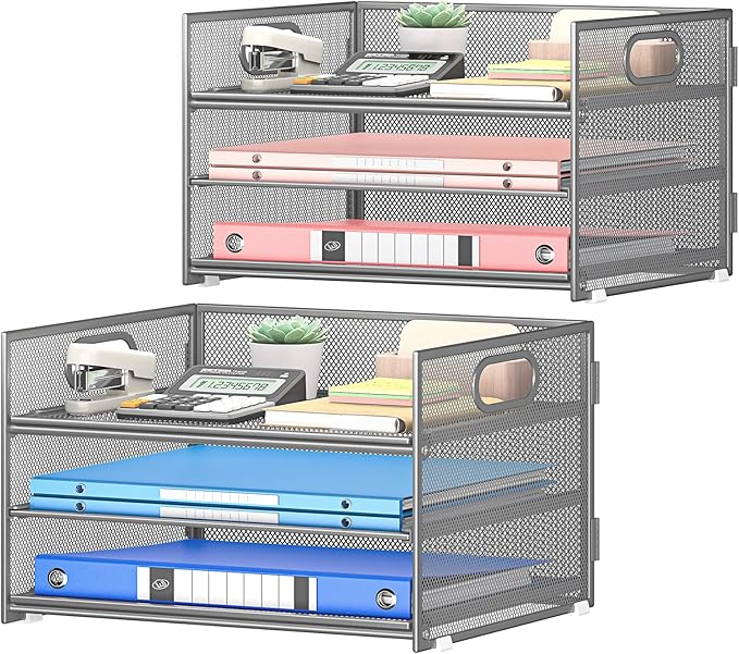 Subekyu 2-Pack 3-Tier Gray Metal Mesh Desk Paper Letter Tray & File Sorter Organizer with Handle + 1 Sliding Tray for Desk, Home, Office, School Supplies, A4 Paper and Accessories Storage
