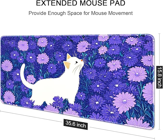 Auhoahsil Large Gaming Mouse Pad, Cute Cat XXL 35.4 x 15.7 in Desk Pad Stitched Non-Slip Rubber Long Computer Mousepad Thin Extended Full Size Desk Mat for Desktop, Laptop, Wireless Mice, Purple