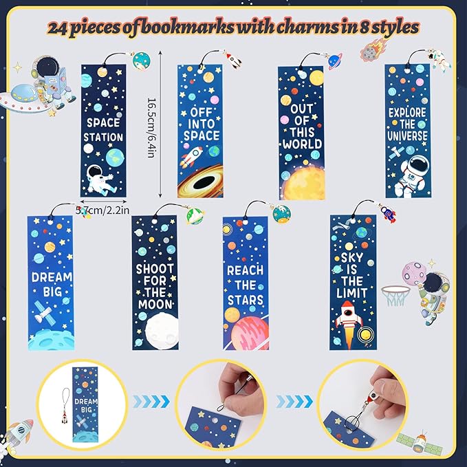 Kolewo4ever 148 Pieces Outer Space Theme Stationery Set:100 Space Pencils Astronaut Pencils 24 Planet Rocket Mini Spiral Notepad Memo Pad 24 Space Ship Metal Charms Bookmarks