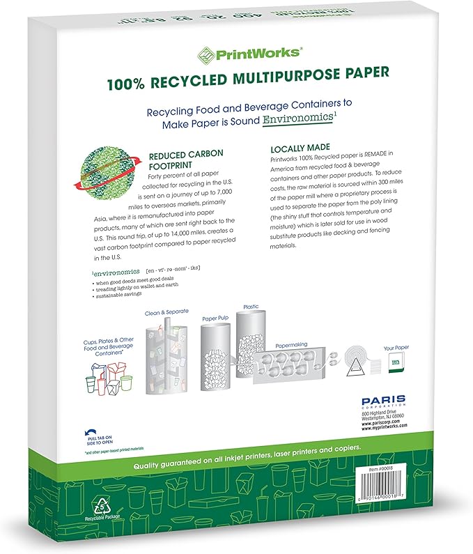 PrintWorks 100% Recycled Printer Paper 8.5" x 11" White - 20 lb Copy & Multipurpose Computer Paper - 6 Packs, 2400 Sheets - Made in the USA - 92 Bright - Printer & Copier Compatible (00018C)