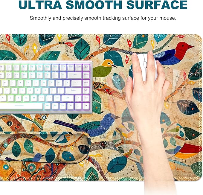 Large Desk Mat Set, Extended Gaming Mouse Pad with Wrist Rest, 4 in 1 Ergonomic Mouse Pad with Wrist Rest Keyboard Mat Combo for Home Office, Colorful Tree Bird
