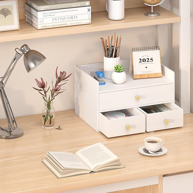 Bamboo Desk Organizer with Drawers Wooden Desktop Storage Drawers for Bills Office Supplies Kitchen Utensils Organizing Tool for Home Classroom Organization No Assembly (3 Drawers, White)