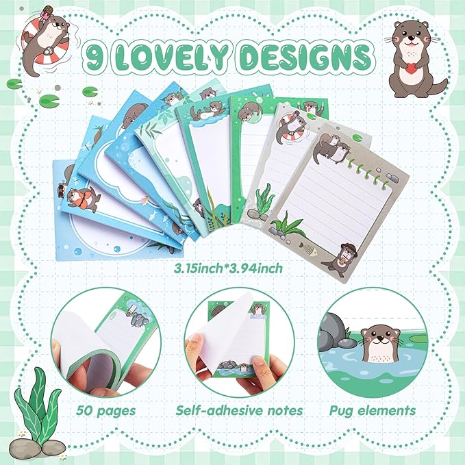 Sabary 9 Pads Cute Sticky Notes Animal Sticky Note Pads 3.15 x 3.94 Inches Colored Adhesive Memo Reminder Decor for Journal School Office Gifts(Otter)