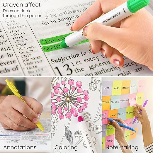 ARTEZA Gel Highlighters and Black Pens – 24-Pack with Sharpener, Smudge-Free, No-Bleed, for Thin Pages, Journaling, Note-Taking, School and Office Use