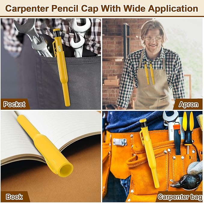 Hiboom 2 Pack Solid Carpenter Pencils with Pencil Cap and 18 Refills, Long Nose Deep Hole Mechanical Pencil Marker, Scribe Tool with Built-in Sharpener for Construction Woodworking Architect (Yellow)