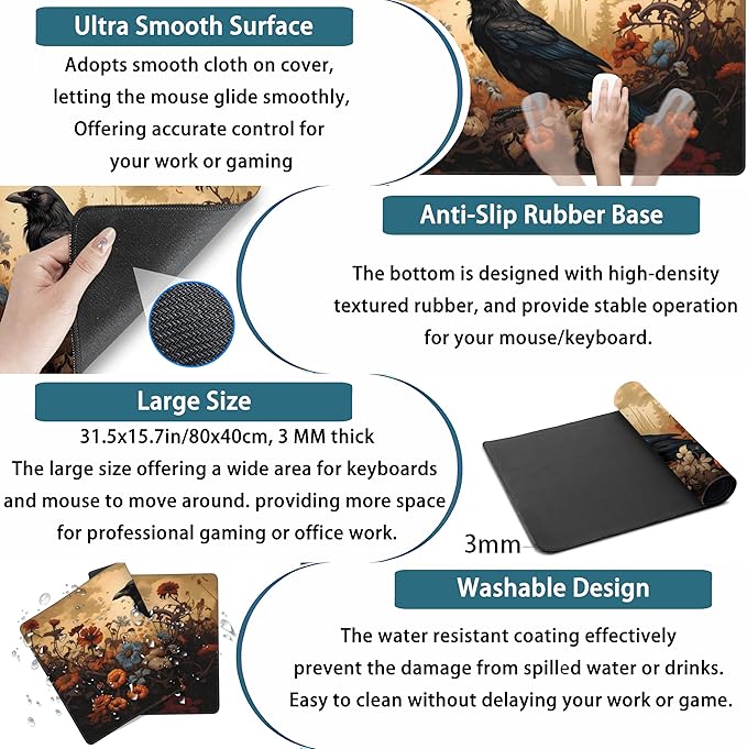 Anime Crow Kawaii Desk Mat Cute Retro Floral Mouse Pad Gaming Desk Pad XXL Large Desk Matt for Desktop Computer Mousepad, Laptop Keyboard Mouse Mat Office Decor Accessories for Women, 31.5x15.75 in